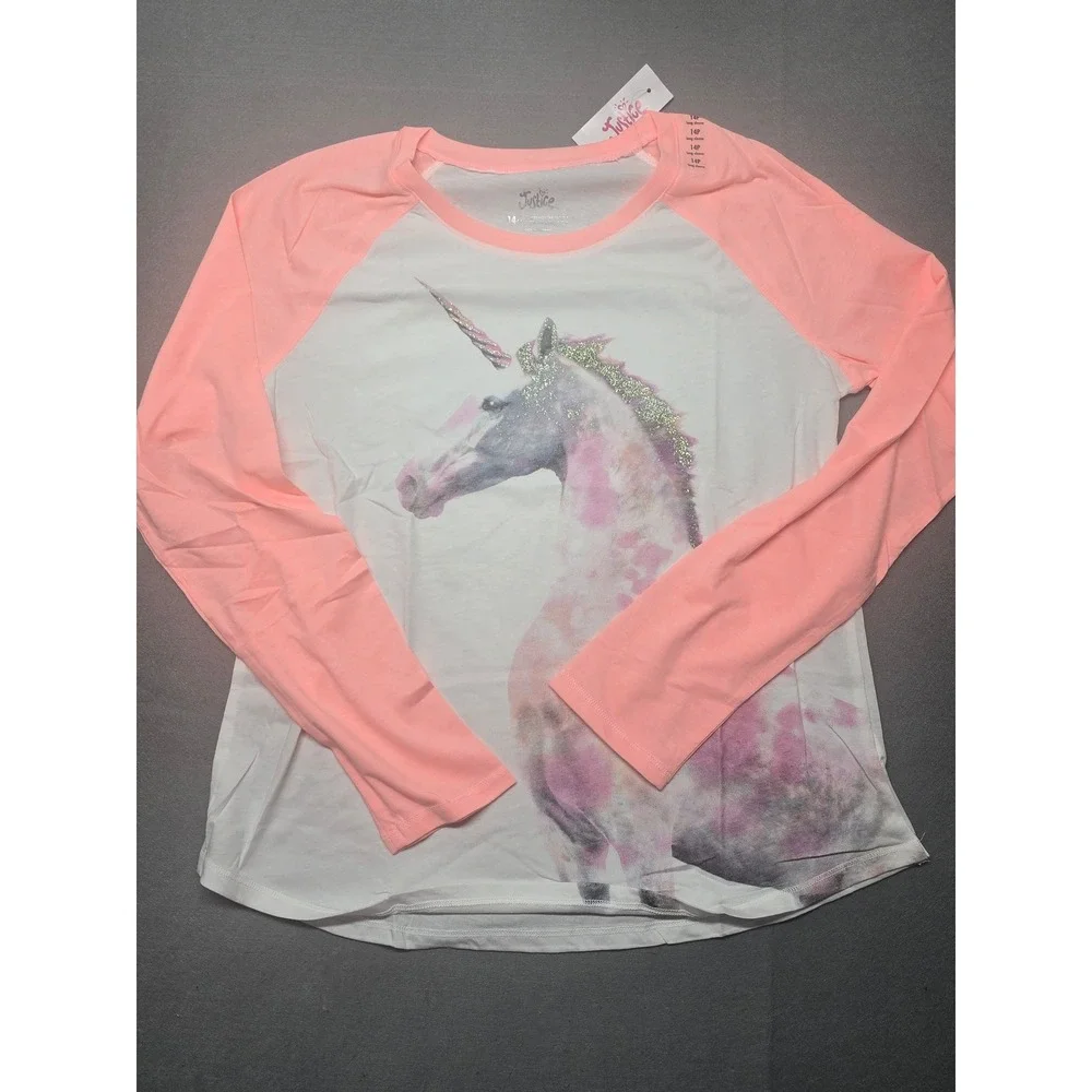 Justice Girls Unicorn Glitter Raglan Long Sleeve T-Shirt White Pink 14 Plus NEW